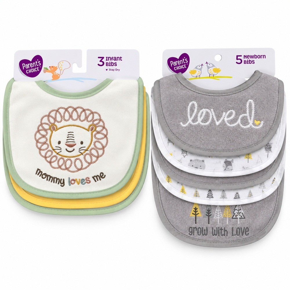 Parents Choice Baby Bibs Infant Newborn 8pk Gray White Yellow NEW Lion Trees